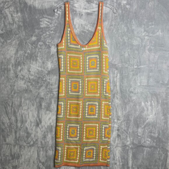 RVCA Squared Crochet Dress‎ Women's S Multi Color Fitted Bodycon Midi Knit - Picture 2 of 9